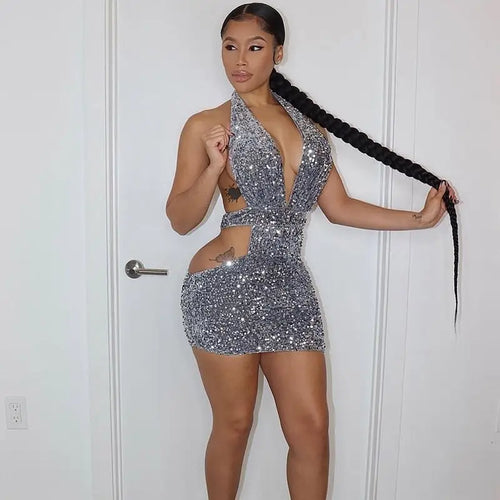Glitter Sparkly Halter Cut Out Backless Bodycon Dress