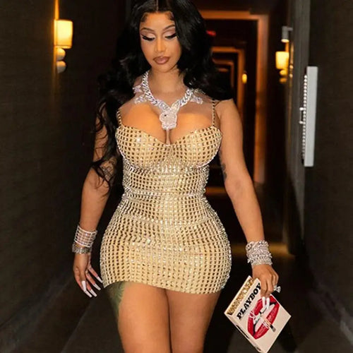 Glitter V Neck Mini Bodycon Dress - L / Khaki