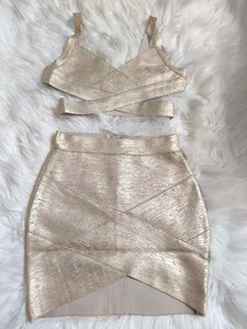 Gold V-Neck Sleeveless Top and Pencil Mini Skirt