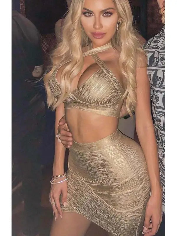 Gold V-Neck Sleeveless Top and Pencil Mini Skirt - M