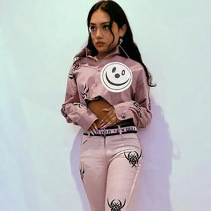 Goth Grunge Smiley Emo Print Crop Top - Pink / M