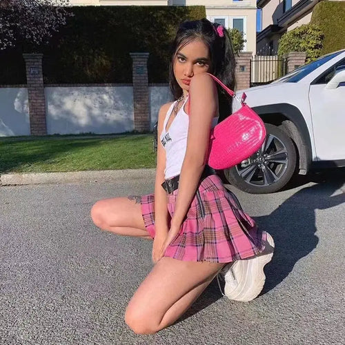 Goth Pink Y2K E Girl Punk High Waist Plaid Skirt