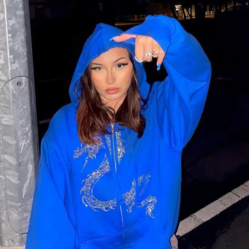 Gothic Dragon Diamonds Zip Up Hoodie - Blue / S