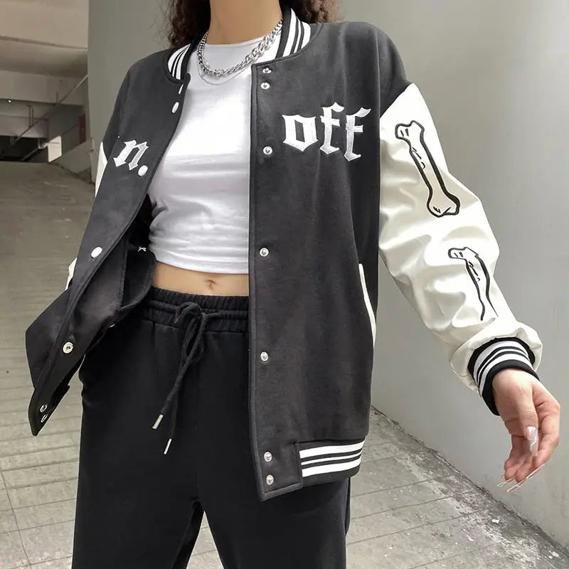 Gothic Embroidery Patchwork Baseball Jacket - Black / L