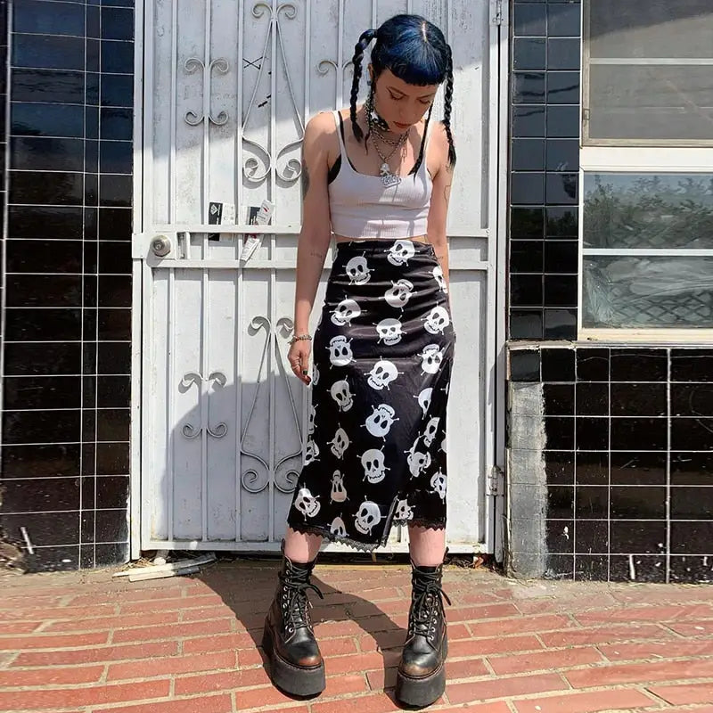 Gothic Grunge Print High Waist Skirt - Black / L