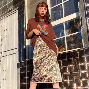 Gothic Grunge Print High Waist Skirt - Brown / L