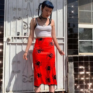 Gothic Grunge Print High Waist Skirt - Red / M