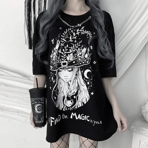 Gothic Print Loose O-neck Punk Long T-Shirt