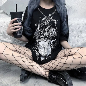 Gothic Print Loose O-neck Punk Long T-Shirt