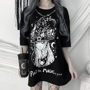 Gothic Print Loose O-neck Punk Long T-Shirt - Black / S