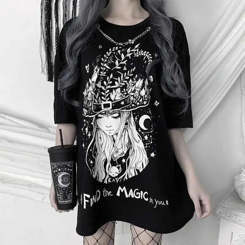 Gothic Print Loose O-neck Punk Long T-Shirt - Black / S