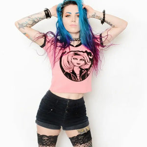 Gothic Punk Demon Scary Printed T-shirt - Pink / S