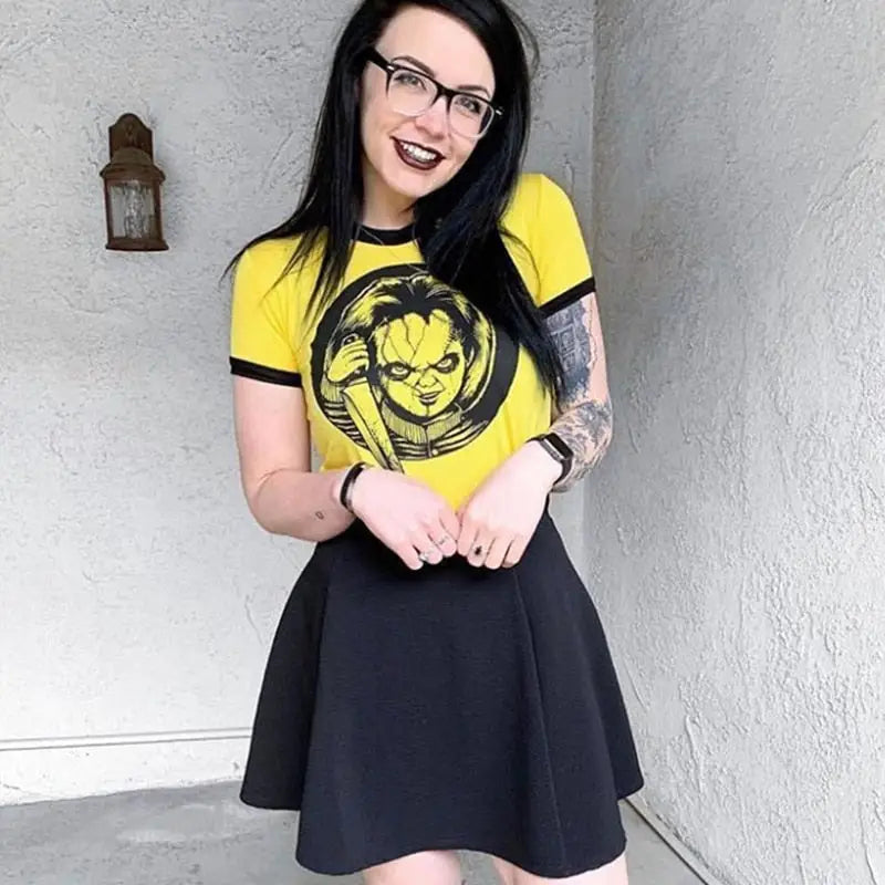 Gothic Punk Demon Scary Printed T-shirt - Yellow / S