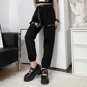 Gothic Punk Hollow Out Big Pocket High Waist Pants - Black