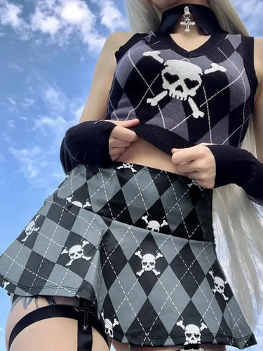 Gothic Skull Emo Print Grey Skirt