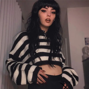Gothic Streetwear Striped O-neck Long Sleeve Punk Pullover
