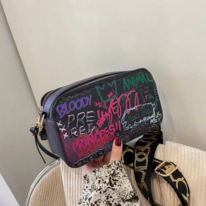 Graffiti Design PU Leather Crossbody Shoulder Bag - black