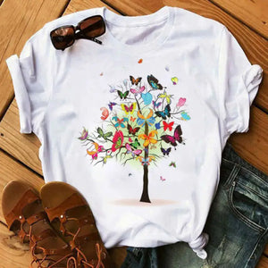 Graphic Cartoon Tree Print Harajuku T-shirt - Design 25