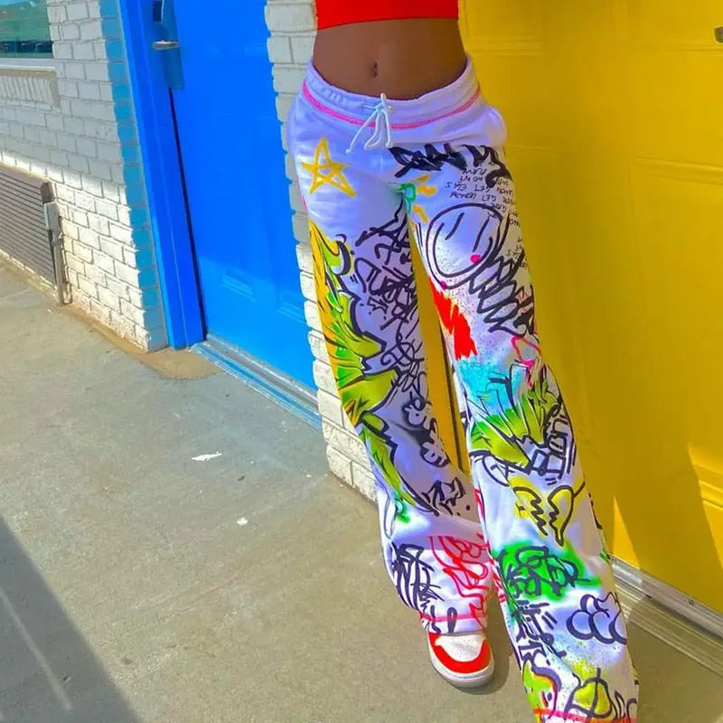 Grunge Graffiti Straight White Oversize Trousers - S