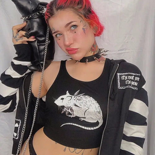 Grunge Mouse Print Black Cropped Top