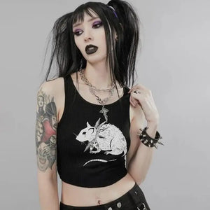 Grunge Mouse Print Black Cropped Top