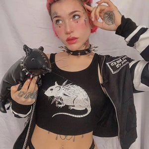 Grunge Mouse Print Black Cropped Top