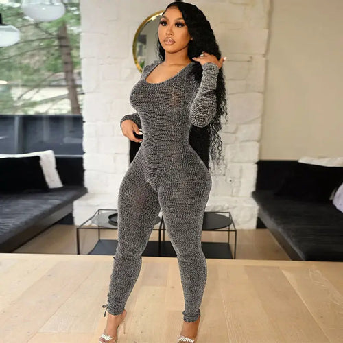 Hallow-Out Bandage Side Bodycon Jumpsuit - XXXL / Gray