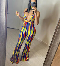 Load image into Gallery viewer, Halter Backless Striped Flare Pants Jumpsuit - L / Yellow