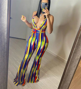 Halter Backless Striped Flare Pants Jumpsuit - L / Yellow