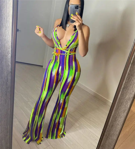 Halter Backless Striped Flare Pants Jumpsuit - XL / green