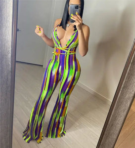 Halter Backless Striped Flare Pants Jumpsuit - XL / green