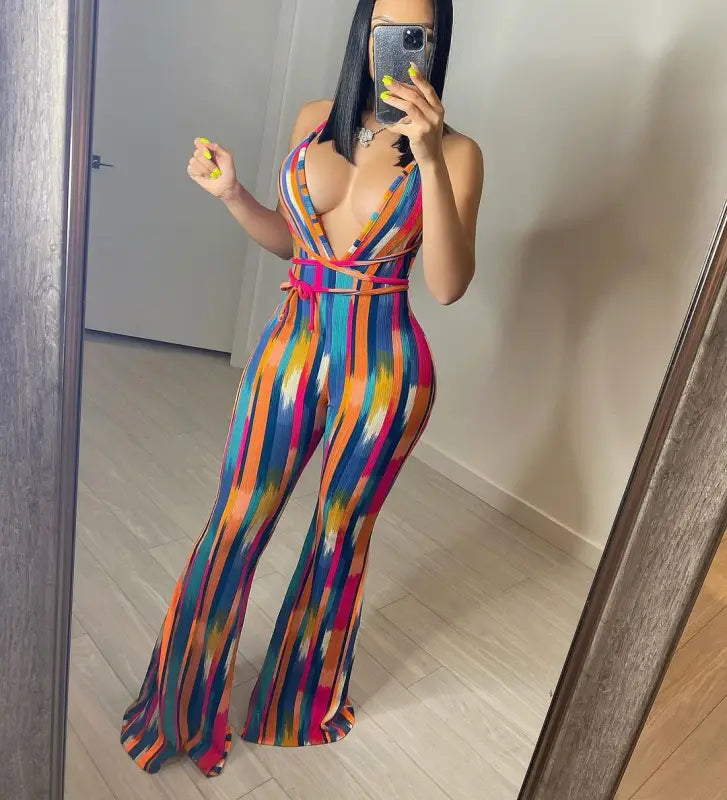 Halter Backless Striped Flare Pants Jumpsuit - XL / Red