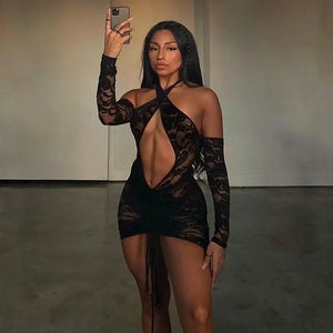 Halter Cut Out Mesh Embroidery Mini Dress