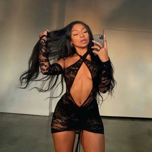 Halter Cut Out Mesh Embroidery Mini Dress