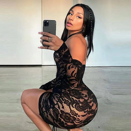 Halter Cut Out Mesh Embroidery Mini Dress
