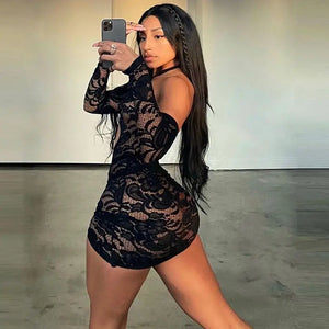 Halter Cut Out Mesh Embroidery Mini Dress