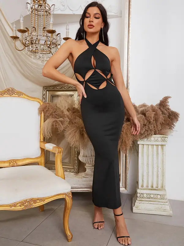 Halter Hollow-Out High Waist Split Dress