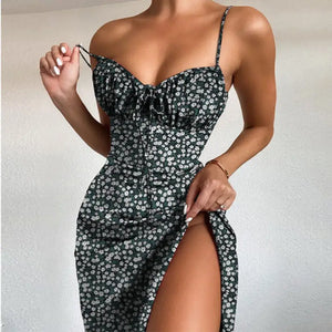 Halter Sleeveless Drawstring Slit Floral Dress - green / S