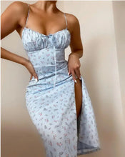 Load image into Gallery viewer, Halter Sleeveless Drawstring Slit Floral Dress - light blue