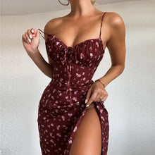 Load image into Gallery viewer, Halter Sleeveless Drawstring Slit Floral Dress - wine red