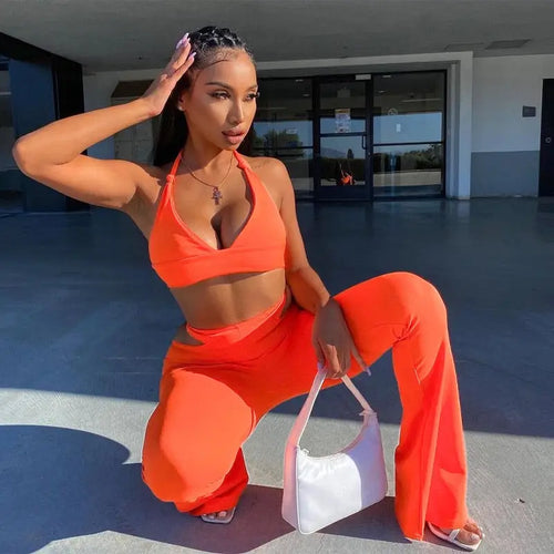 Halter Wrapped Chest Waist Hollow Out Bell-Bottom Pants