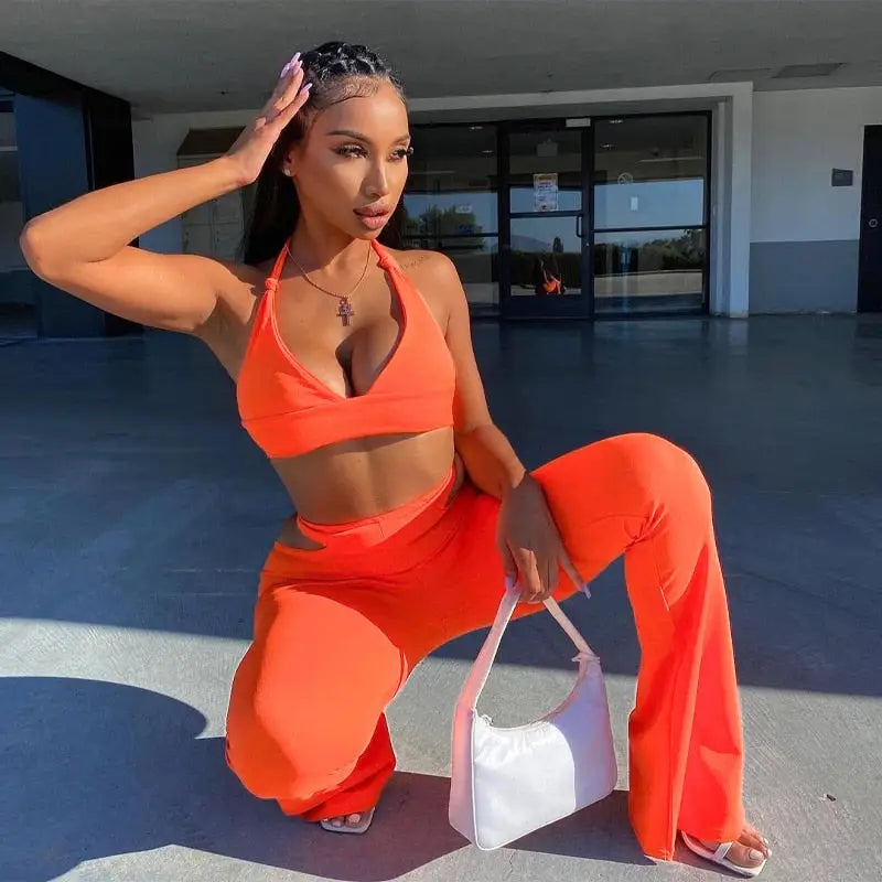 Halter Wrapped Chest Waist Hollow Out Bell-Bottom Pants