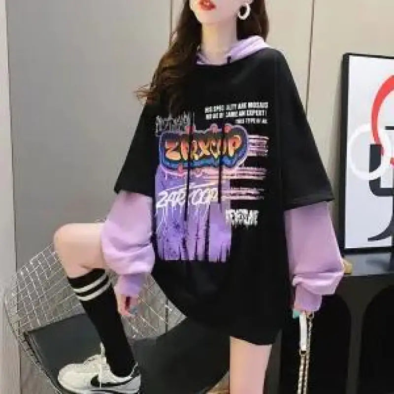 Harajuku Patchwork Long Sleeve Oversized Hoodie - black