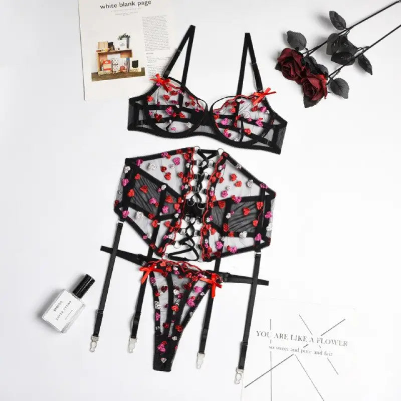 Heart Embroidered Push Up Bra and Panty Transparent See