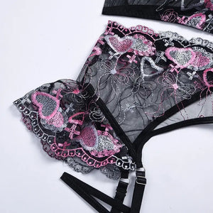 Heart Embroidery See Through Bra & Panty 3 Piece Set