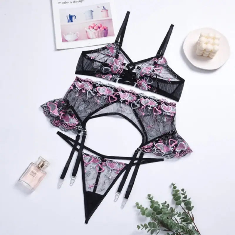 Heart Embroidery See Through Bra & Panty 3 Piece Set