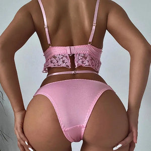Heart Embroidery Up See Through Mesh Lingerie Set