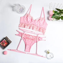 Load image into Gallery viewer, Heart Embroidery Up See Through Mesh Lingerie Set - Pink / M