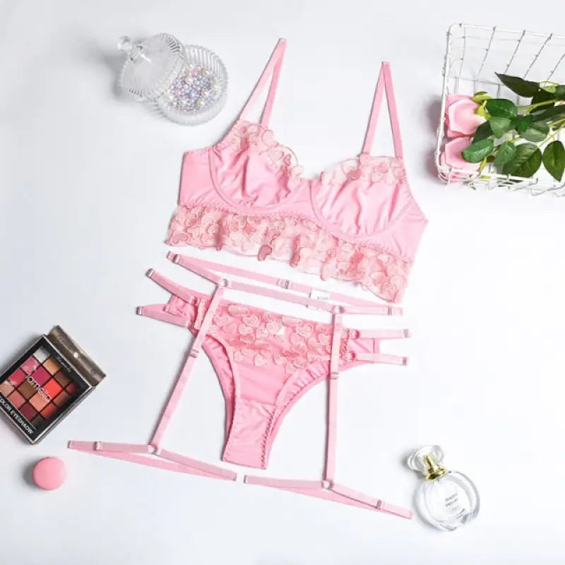 Heart Embroidery Up See Through Mesh Lingerie Set - Pink / M