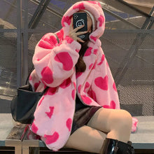 Load image into Gallery viewer, Heart-shaped Print Plush Hooded Coat - pink / L